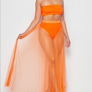 Bandeau set with sheer skirt.